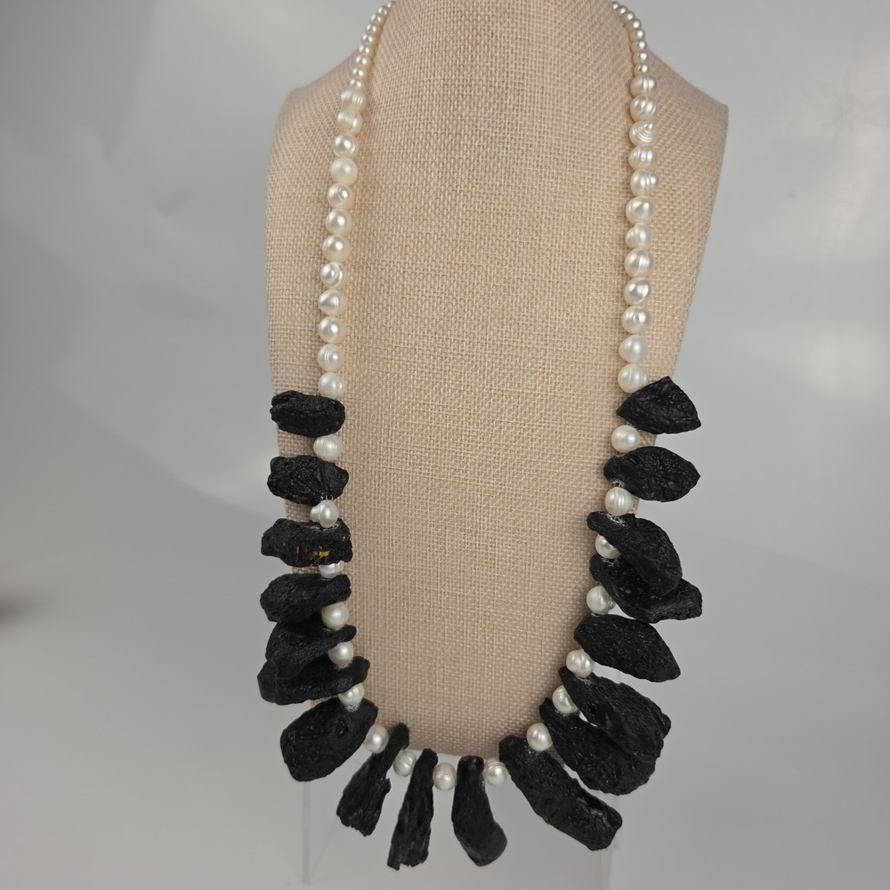 Freshwater Pearl Raw Tektite Nugget Necklace Sterling Silver‎ Clasp Meteorite